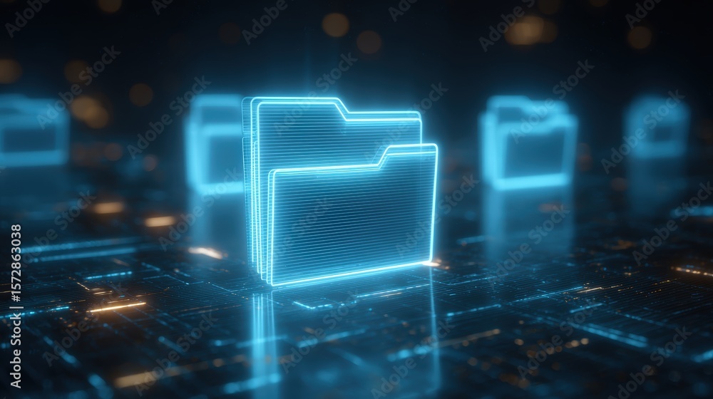 Poster abstract network grid with files and folders, futuristic software interface, digital document manage