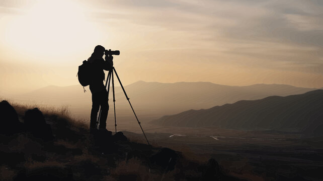 Captivating silhouette of a photographer capturing majestic mountain scenery at sunset, perfect for travel blogs and nature-themed designs.