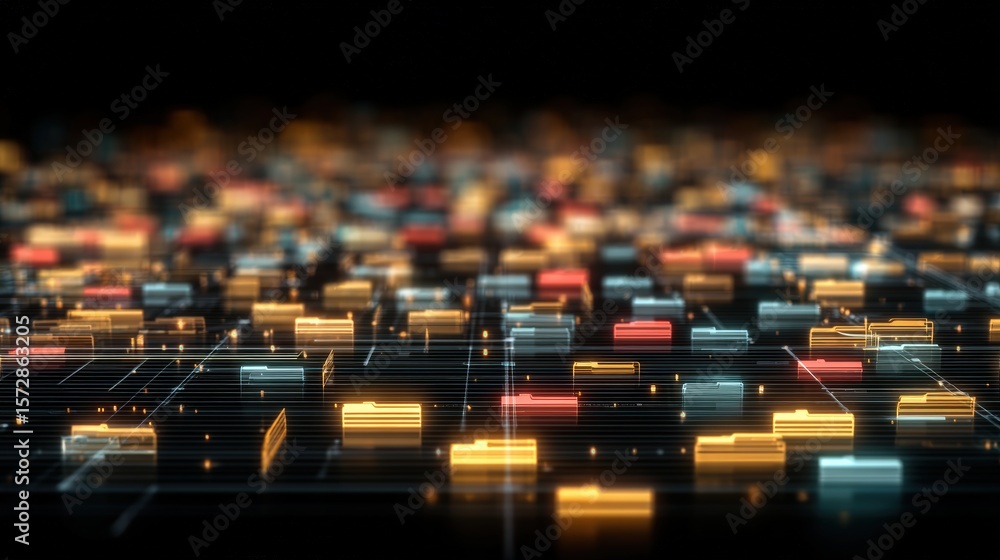 Poster abstract network grid with files and folders, futuristic software interface, digital document manage