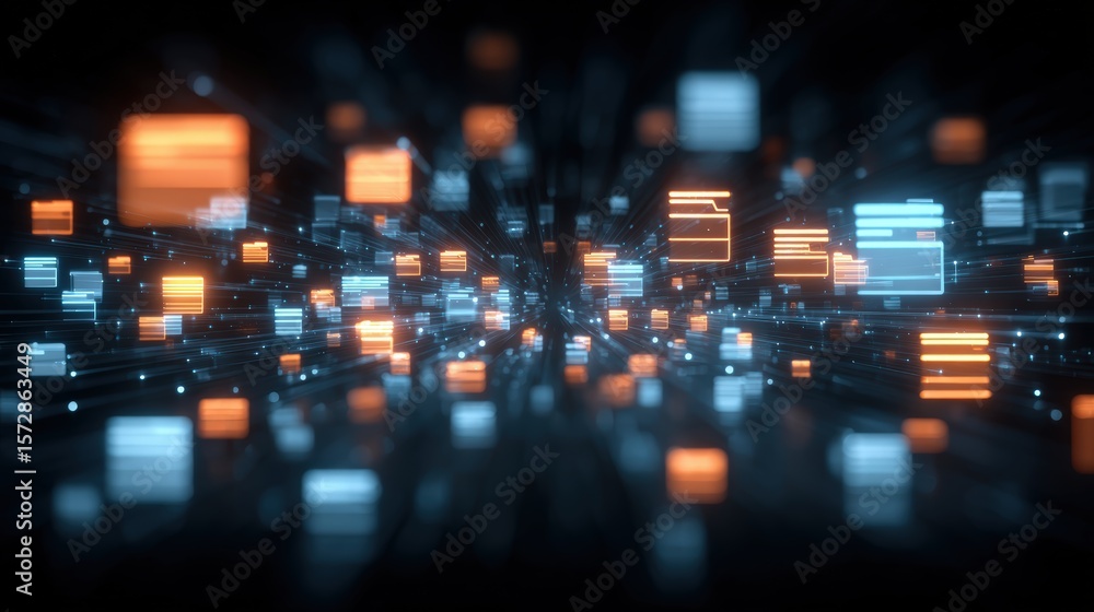 Poster abstract network grid with files and folders, futuristic software interface, digital document manage