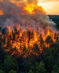 Massive forest fire burning across trees and mountains