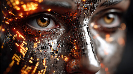 Close-up of a human face merged with digital code and circuitry, symbolizing the fusion of technology and humanity.