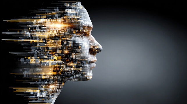 Digital human profile composed of glowing circuitry and data streams symbolizing artificial intelligence and futuristic technology.
