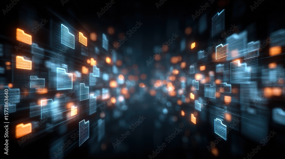 Poster abstract network grid with files and folders, futuristic software interface, digital document manage