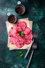Sliced spicy tasty salami sausage