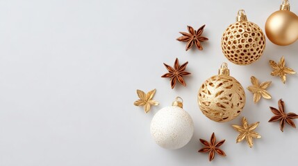 Fototapeta premium Three golden ornaments and a white egg arranged on a clean white surface with soft lighting.
