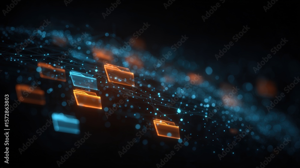Poster abstract network grid with files and folders, futuristic software interface, digital document manage