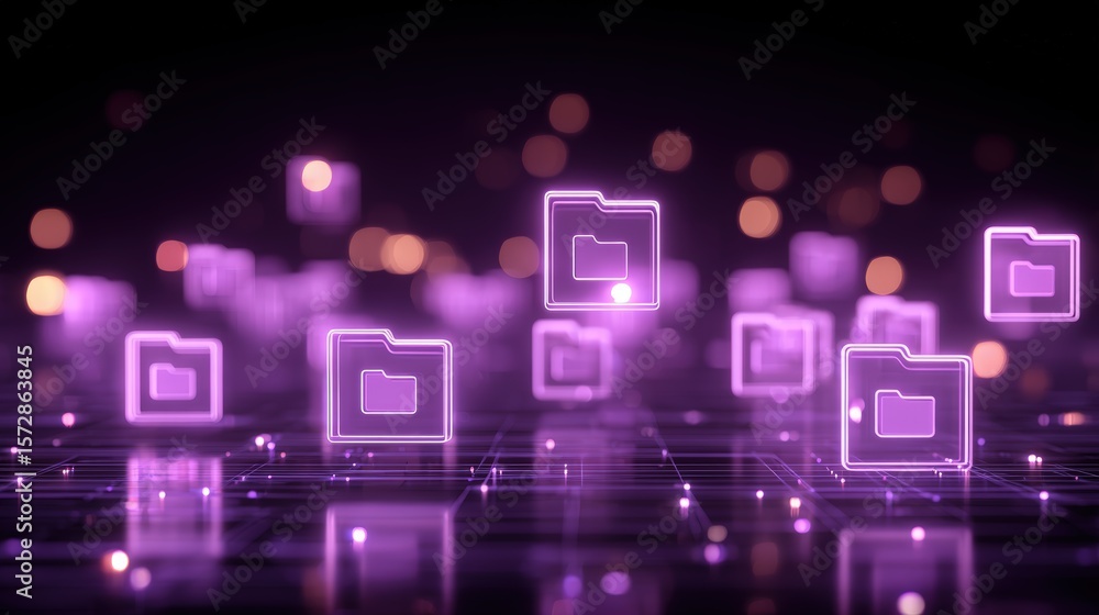 Poster abstract network grid with files and folders, futuristic software interface, digital document manage