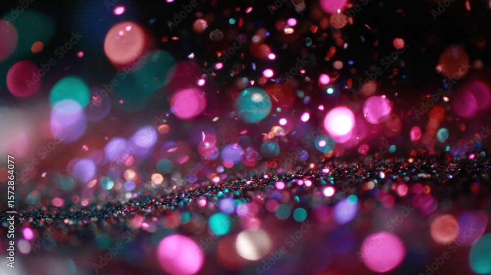 Poster bright multicolored lights scattered on a black surface creating a vibrant, abstract pattern.
