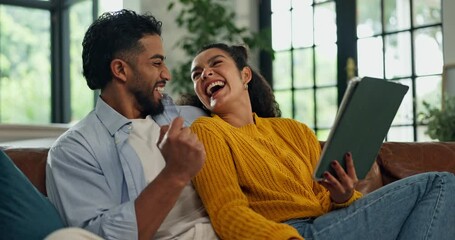 Couple, tablet and credit card on sofa with online shopping, laugh and easy payment in lounge at house. People, happy man and woman with fintech app, ecommerce or discount sale on couch at apartment - Powered by Adobe