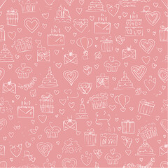 Seamless vector pattern with romantic doodle drawings in line art style. Coquette pink background for valentine's day, wedding, dating event. Cute texture with outline whimsical ...
