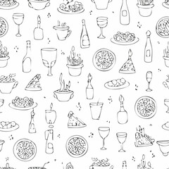 Contemporary minimalist line art seamless pattern with food, candles, drinks and decor doodles. Hand drawn dinner party background. Coquette ink menu texture. Vector graphic