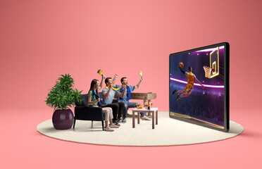 Enthusiastic friends cheer for a basketball player dunking on a huge screen in a cozy home setup....