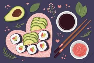 Vector illustration of a romantic vegan sushi dinner, featuring a heart shape.