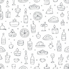 Contemporary minimalist line art seamless pattern with food, candles, drinks and decor doodles. Hand drawn dinner party background. Coquette ink menu texture. Vector graphic