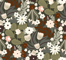 Hand drawn floral seamless vector pattern in green colors