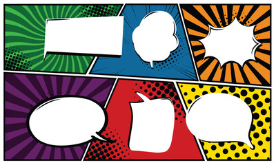 Vector illustrated retro comic book background with big blank speech bubble  pop art vintage style backdrop on a colorful page.