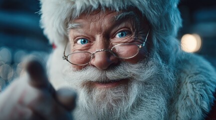 Santa Claus with glasses and white beard smiling against a plain white background.