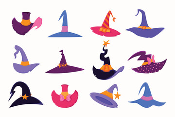 Colorful Cartoon Witch Hat Clipart Collection in Hand Drawn Style. Wizard cute hats with decorations perfect for stickers, cards, patterns, web
