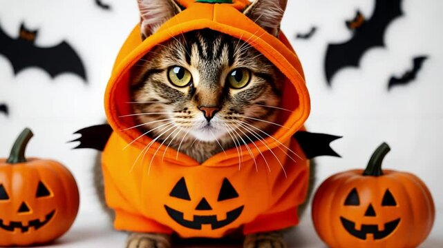 A tabby cat wearing an orange pumpkin costume sits between two carved pumpkins. The background features black bats, creating a Halloween theme.