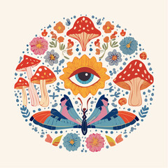 Vector set of 60s and 70s psychedelic clipart. Retro groovy mushrooms, flowers, eyes, sun, moon, butterfly. Cartoon hippie stickers. Vintage boho illustrations. Abstract trippy ...