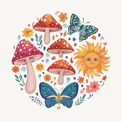 Vector set of 60s and 70s psychedelic clipart. Retro groovy mushrooms, flowers, eyes, sun, moon, butterfly. Cartoon hippie stickers. Vintage boho illustrations. Abstract trippy ...