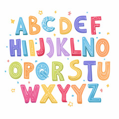 Vector set of colorful ransom note letters. Hand drawn doodle alphabet in 90s style. Cute font for collage, scrapbook design. Y2k funky stickers