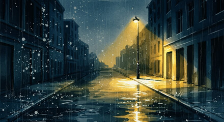A powerful, moody watercolor of an empty nighttime street in the rain, evoking mystery and urban solitude. © Purnomo