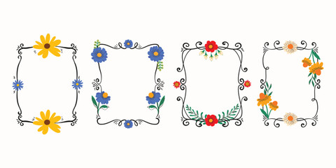 Hand Drawn Frame Collection with Cute Colorful Flower Heads and Leaves. Vintage doodle border perfect for invitations, labels, cards, web