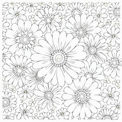 Contour groovy flowers in 70s and 60s style. Vintage hippie outline bouquet. Psychedelic seventies daisies. Vector coloring page.
