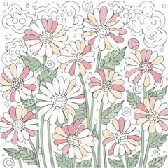 Contour groovy flowers in 70s and 60s style. Vintage hippie outline bouquet. Psychedelic seventies daisies. Vector coloring page.