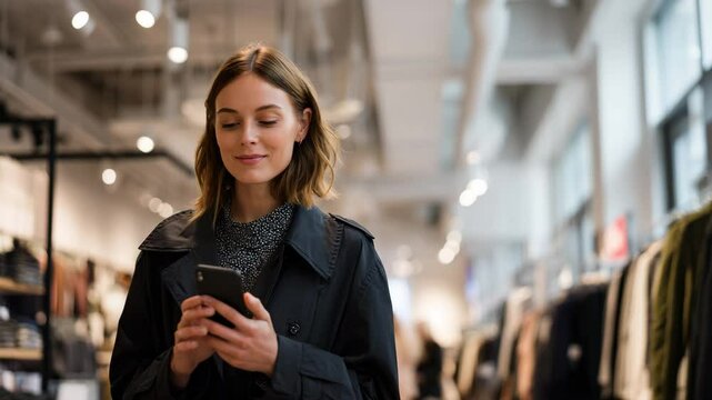 A brunette woman holds her smartphone in a clothing boutique, scrolling through options as racks of garments and accessories surround her under soft, flattering store illumination.