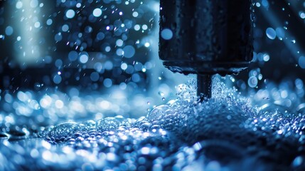Extreme close-up of electrochemical cement production process, calcium carbonate molecules being processed through electrical current, sparkling blue-white electrical discharge, metal electrodes
