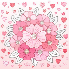 Line art bouquet in pink color. Whimsical flowers doodle drawing. Valentine's day gift. Vector graphic