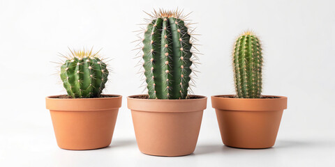 Three potted cacti plants isolated on white background in a studio setting