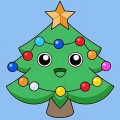 Cute cartoon Christmas tree with colorful lights and a star on a blue background character