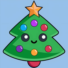 Cute cartoon green Christmas tree with orange star and colorful baubles on light blue background