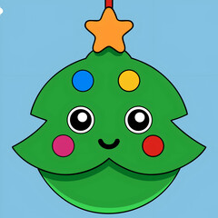 Cute cartoon green christmas tree with orange star and colorful baubles on blue background