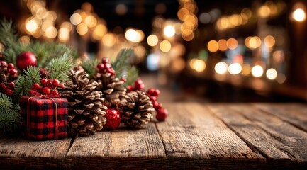 Christmas decoration on rustic wooden table with warm bokeh lights in background, evening indoor setting.