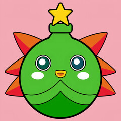 Cute cartoon green monster with star on head and spiky orange and red arms on pink background