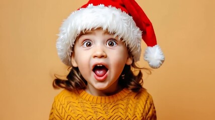 A young girl with brown hair and a surprised expression wears a red Santa hat and a cozy orange sweater. The background is a warm orange color. - Powered by Adobe