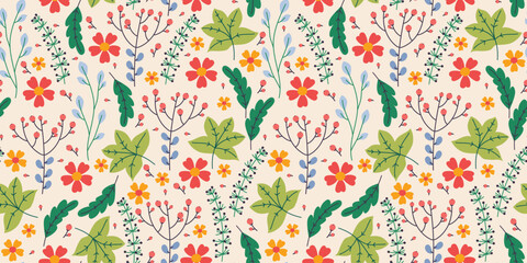 Seamless Floral Pattern with Hand Drawn Colorful Wildflowers, Leaves, and Berries on a Cream Background. Botanical backdrop perfect for print, wrapping paper, cards, banners, web.
