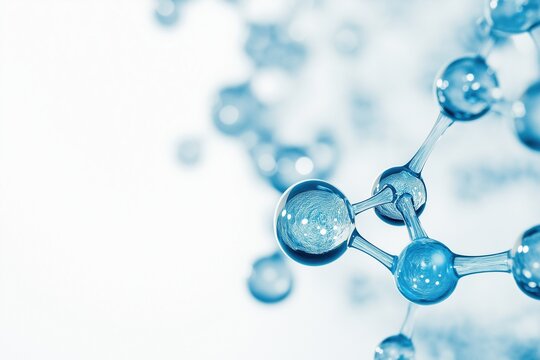 A detailed close-up of vibrant blue water molecules on a clean white background, showcasing the intricate molecular structure for eco-friendly science or sustainability advertising concepts