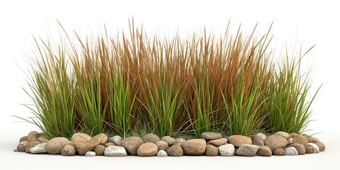 Ornamental grasses with brown seed heads and green blades surrounded by river rocks