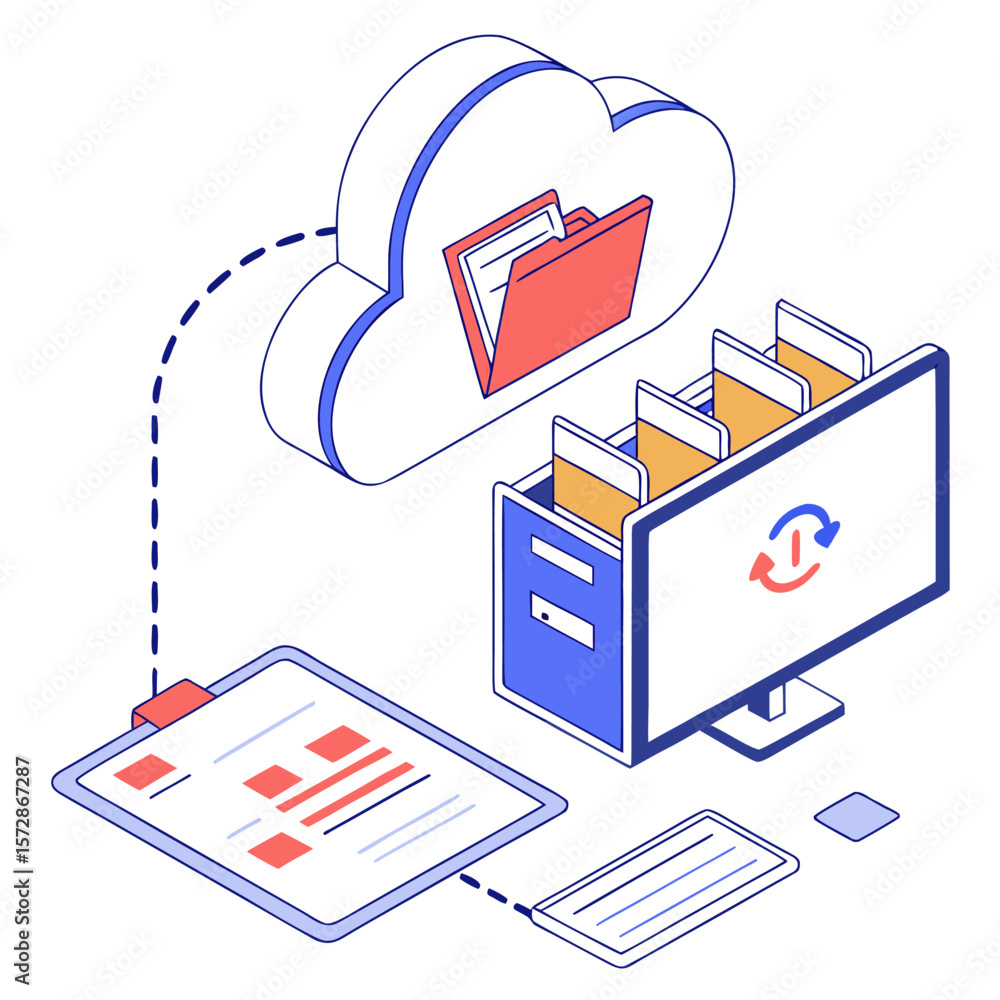 Poster isometric illustration of cloud storage connected to a computer and clipboard with documents online 