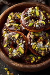 op view of chocolate-covered pretzels sprinkled with crushed pistachios and sea salt, arranged neatly on a rustic wooden tray. The contrast of dark chocolate, green nuts, and flaky salt creates a visu