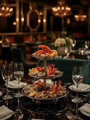 A three tiered seafood tower with lobster oysters and lemon wedges on a luxurious restaurant table