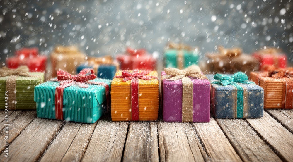 Poster brightly colored gift boxes arranged in a row on a rustic wooden table with natural light.