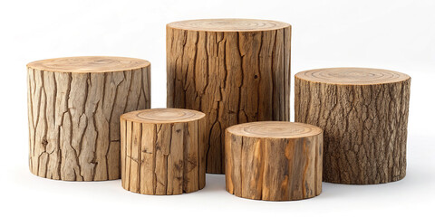 Five wooden logs of varying sizes isolated on white background