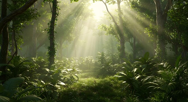 Golden sunbeams pierce through dense jungle canopy, illuminating a vibrant green forest floor and tranquil path.